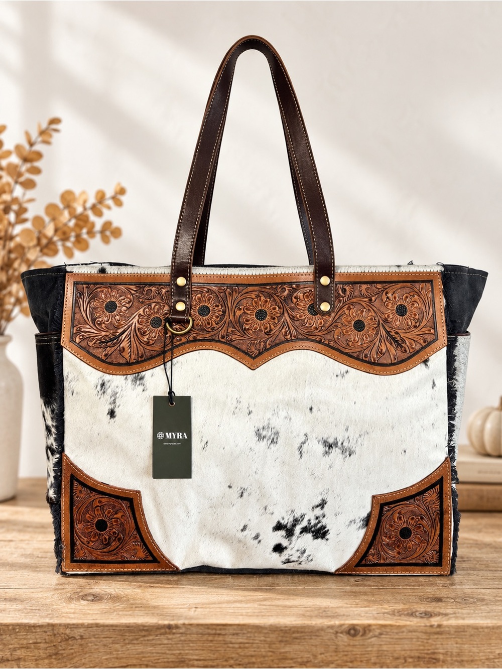 Myra Hair-On Hide Weekender XL Tooled Leather Western Travel Bag NWT